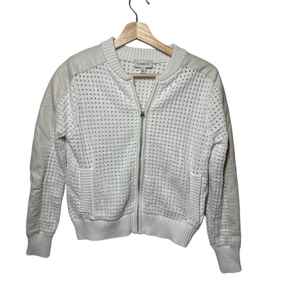 Evereve Harlow Open Stitch Bomber Jacket Sweater Faux Leather Panels White Sz S - Picture 1 of 14